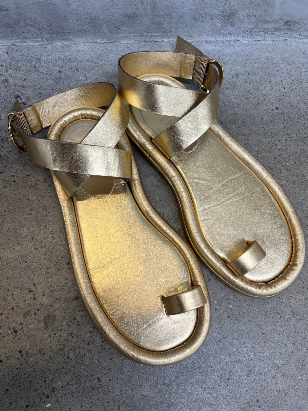 Tibi Metallic Gold Crisscross Ankle Strap Sandals